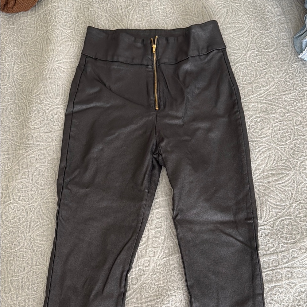 Black Faux Leather Pants with Gold Zipper